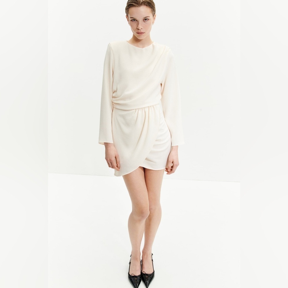 H&M New w Tag Sz L Short Crepe Draped Dress Long Sleeve